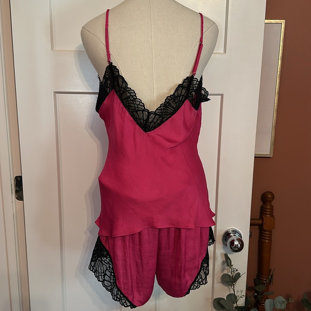 Josie NATORI 2-piece cami shorts hot pink & black lace L polyester pajamas - Picture 8 of 13
